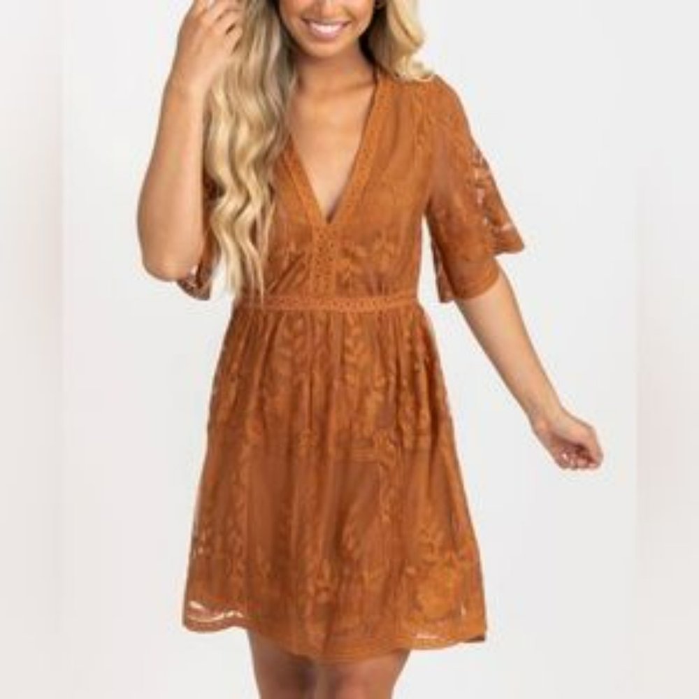 Haute Monde Burnt Orange Lace Overlay Mini Dress, XL